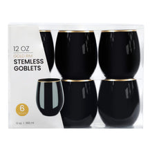 Cargar imagen en el visor de la galería, Copa Stemless Black Gold Rim  12 OZ- Caja de 6
